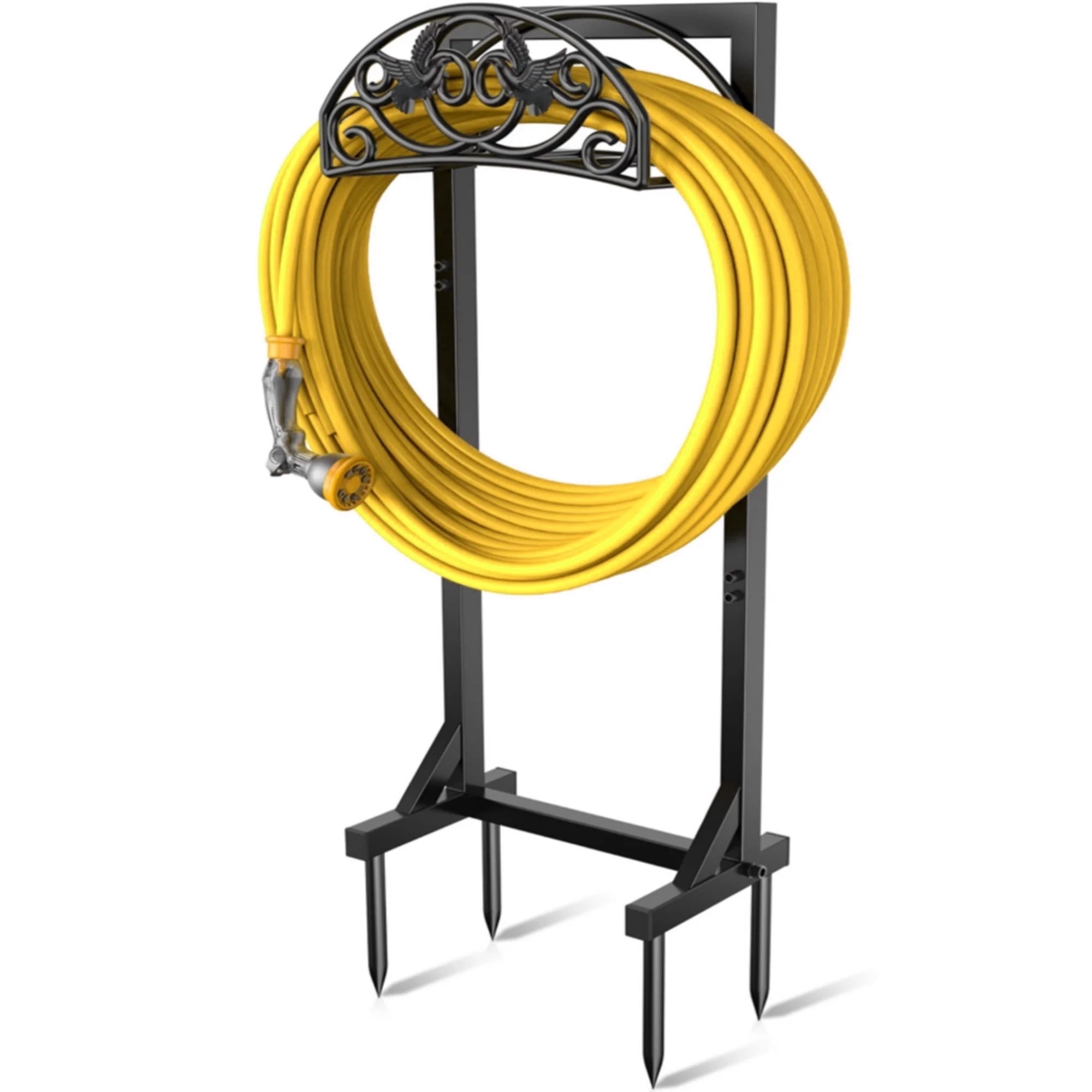 Garden Hose Holder Freestanding with 4 Spikes, Heavy Duty Metal Hose Hanger, Detachable Outdoor Hose Reel Rack Organizer