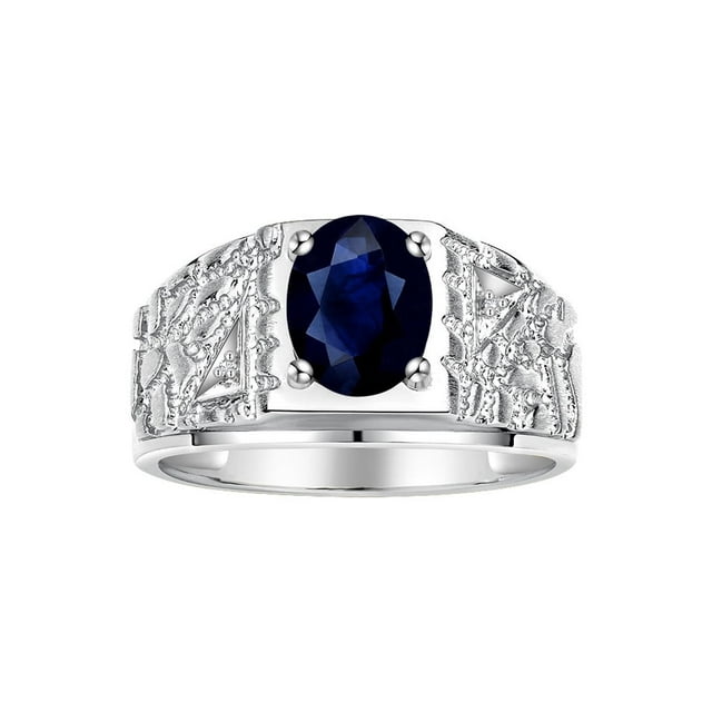 RYLOS Men's Rings 14K White Gold Designer Nugget Ring Oval 9X7MM Gemstone & Diamonds Sapphire September Birthstone Rings For Man Size 9