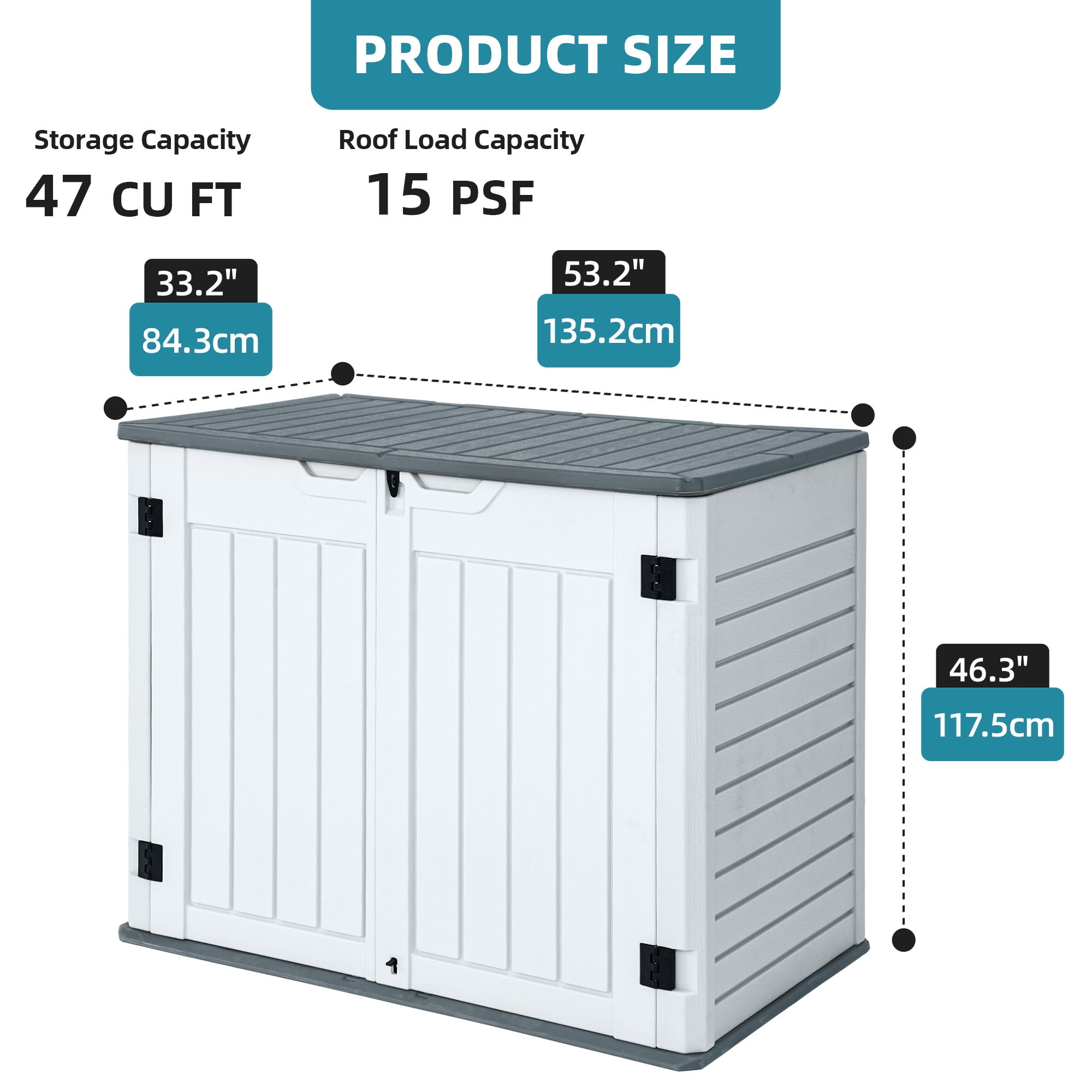 Uforic Large Outdoor Storage Shed, 47 Cu Ft Resin Tool Shed Without Shelves, Waterproof Storage with Built-In Floor for Trash Cans, Garden Tools and Lawn Mowers, Lockable Design, Light Gray