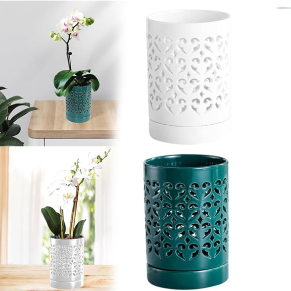CHENjy Breathable Ceramic Orchid Pot with Holes and Saucer, White Flower Planter for Indoor Plant Growth and Circulation, 1 Piece