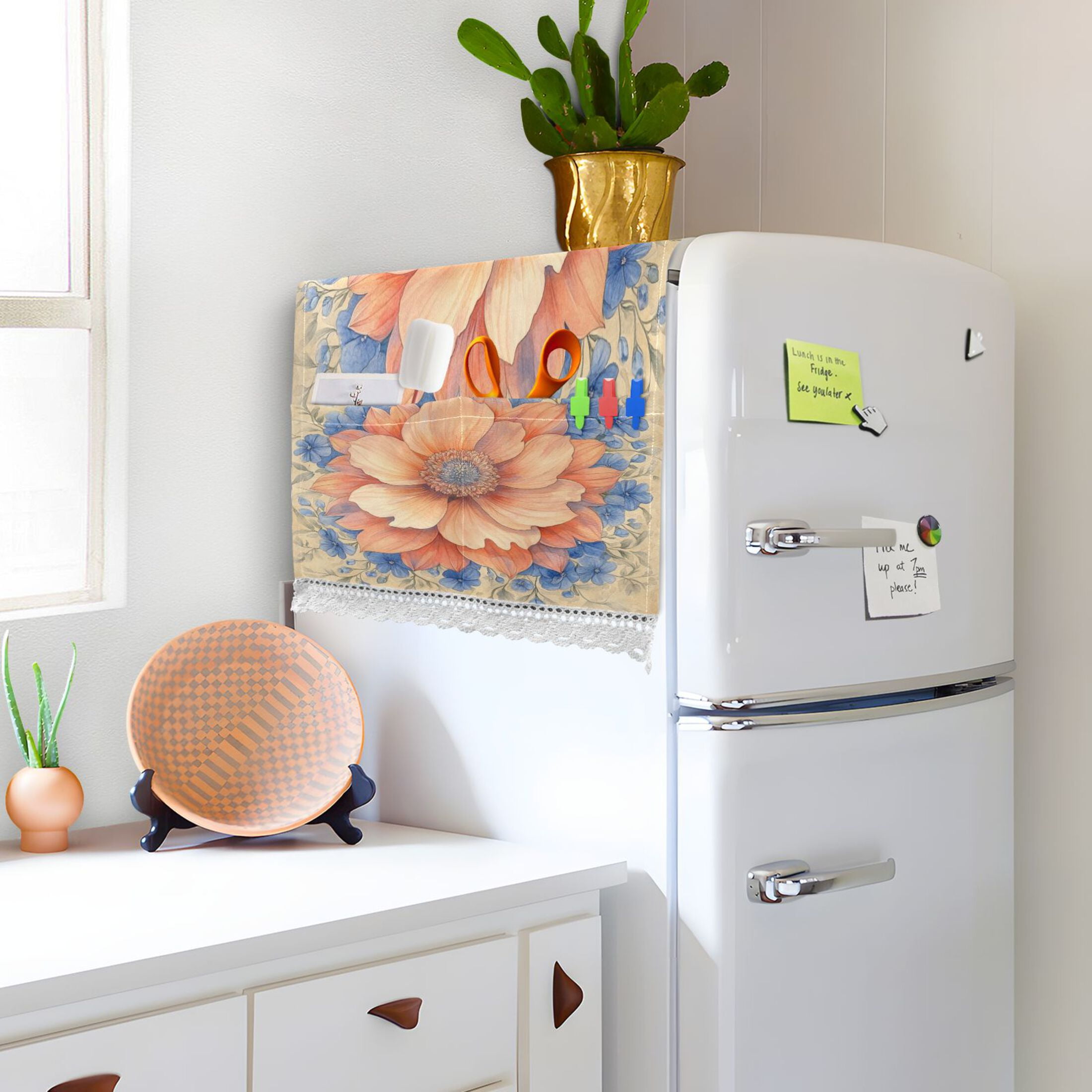 Elegant FlowerWasher and Dryer Covers Dust-Proof and Oil Resistant Fridge Cover with 4 Storage Pockets Washing Machine Top Cover for Laundry Kitchen Home 51.2 x 22 In