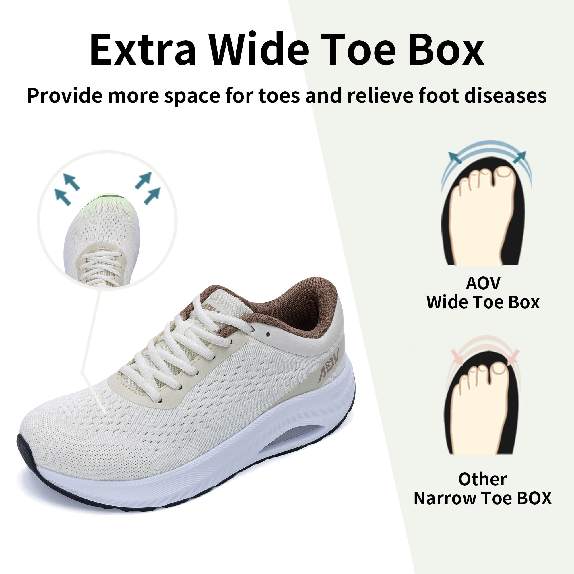 AOV Wide Toe Box Shoes Women Arch Support Walking Shoes for Plantar Fasciitis Orthotic Air Tennis Sneakers Beige Size 7.5