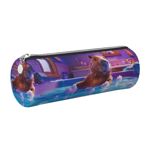 Disketp Capybara Bathtub Fun Estuche Organizador de Lápices de Cuero, Estuche de Oficina con Cremallera para Bolígrafo y Lápiz
