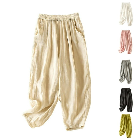 FRSASU Womens Ramie Cropped Pants Solid Color Double Layer Loose Fit Wide Leg Casual Elastic Waist Trousers White XL(XL)