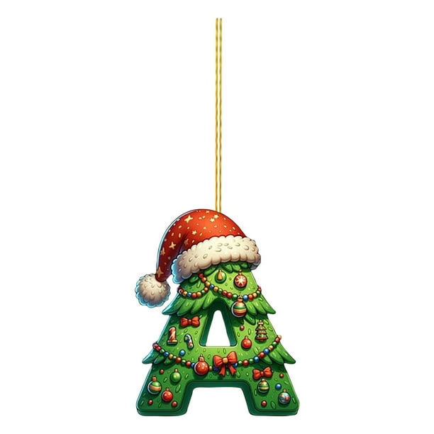 Adorno navideño con letras del alfabeto CLLC, Adornos navideños con letras de la A a la Z, Letras acrílicas verdes 2D con gorro navideño, Letras del alfabeto navideñas colgantes para árbol de Navidad