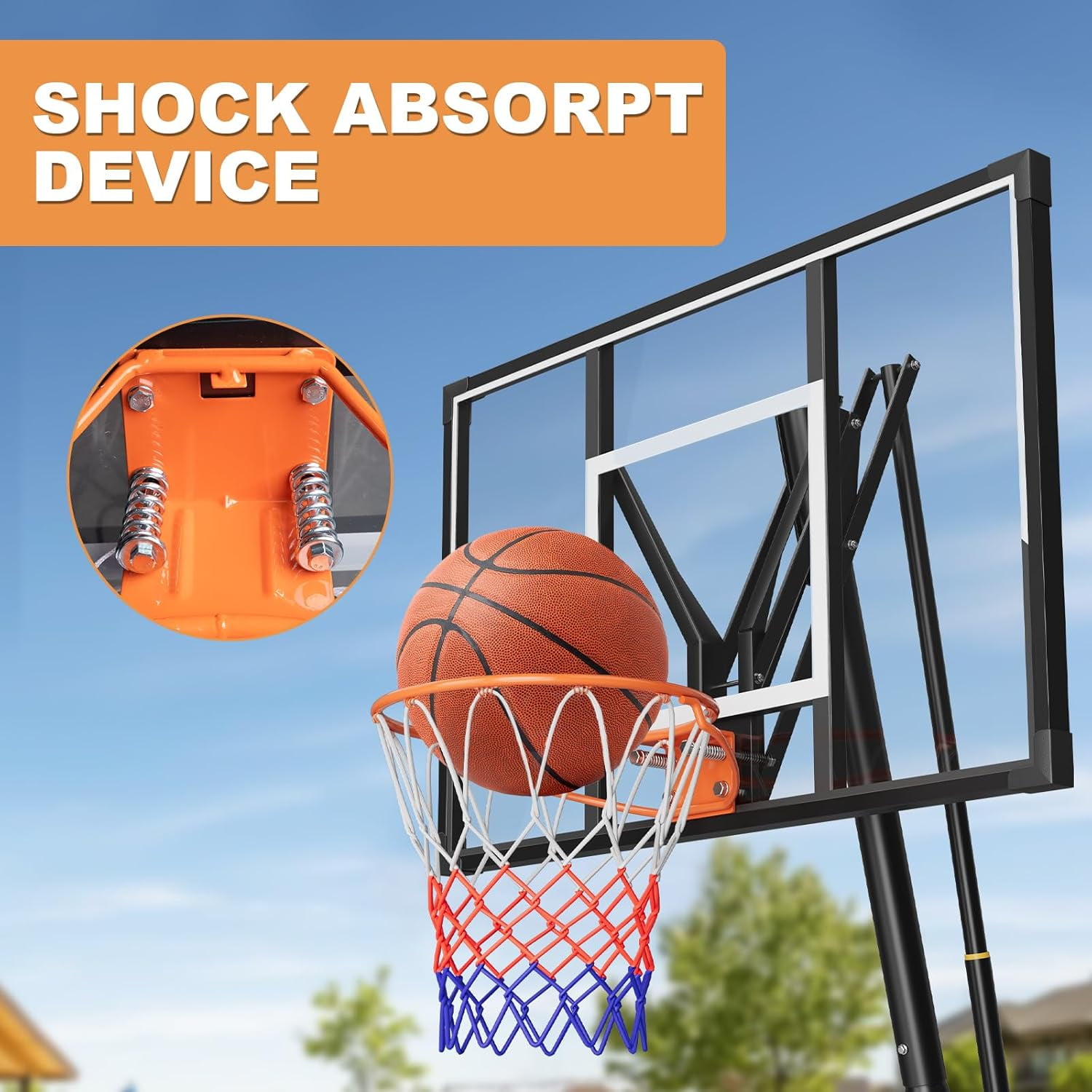 Basketball Hoop Outdoor Portable, 5-10ft Quickly Adjustable Basketball Goal System with 44 Inch PC Shatterproof Backboard & Wheels for Court/Backyard/Driveway