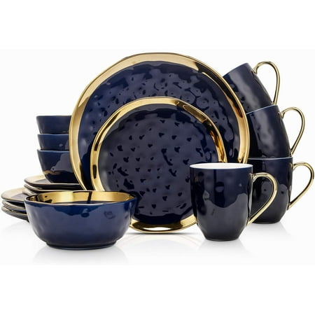 

Tableware set，Porcelain 16 Piece Dinnerware Set Service for 4 Black and Golden Rim