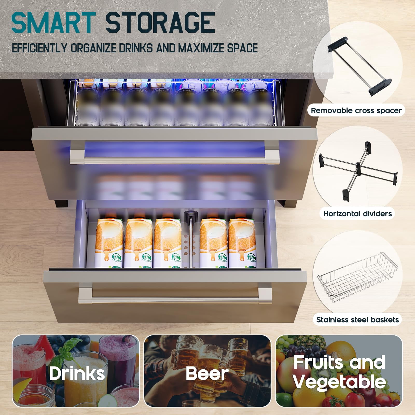 Jocisland 24" Under Counter Drawer Fridge – Stainless Steel Beverage Refrigerator with Dual Drawers, LED Touch Control, 4-72℉, for Indoor Outdoor Use