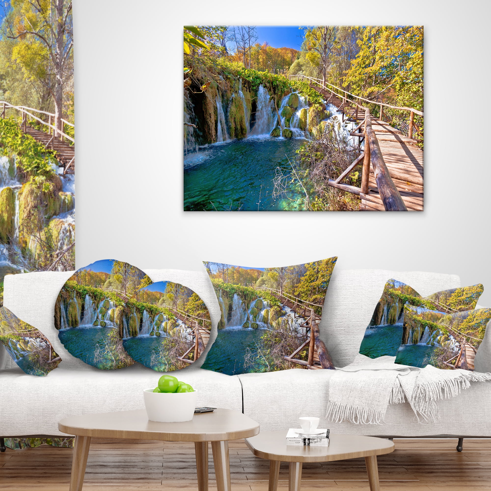 Designart Autumn in Plitvice Lakes - Landscape Photo Throw Pillow - 12x20