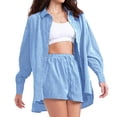thumbnail image 3 of JULMCOMO 2 Piece Sets for Women Striped Button Down Long Sleeve Shirts Drawstring Wide Leg Summer Shorts Cruise Lounge Outfits Dark Blue XL, 3 of 6