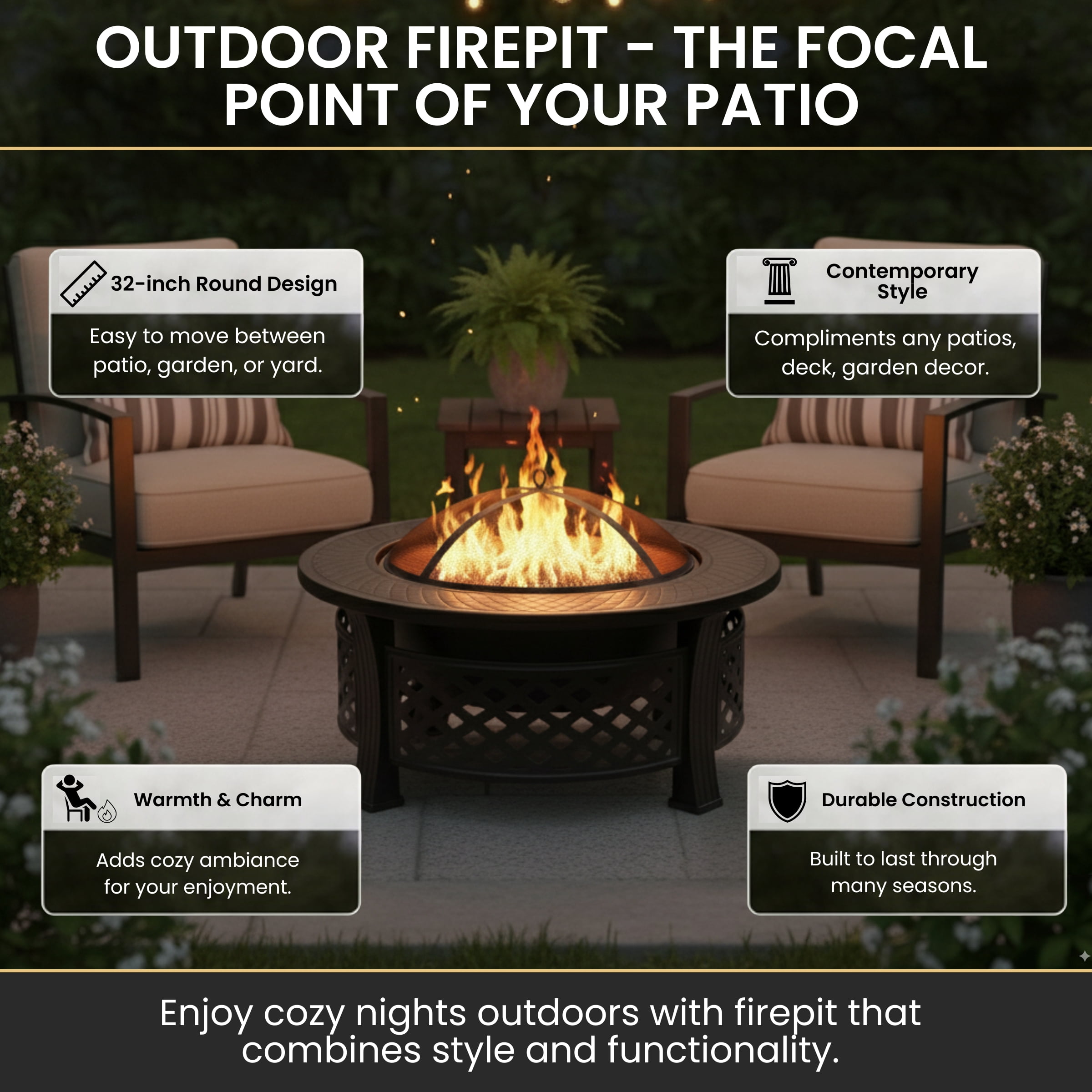Pure Garden Outdoor Fire Pit – 32” Round Wood Burning Pit with Spark Screen, Poker & Cover, Bronze