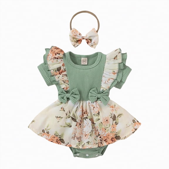 OYXSER Baby Girl Clothes Infant Summer Outfits Set Floral Girl Clothes with Headband Newborn Infant Summer Cute Outfit, Light Green 9-12M