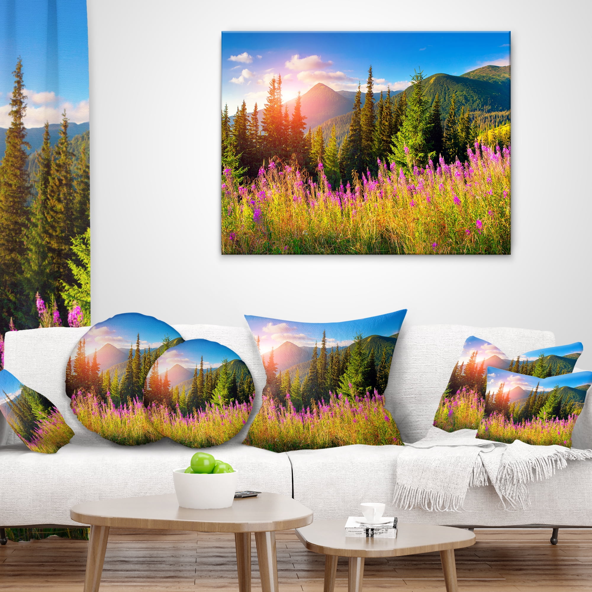 Designart Mountains with Pink Flowers - Floral Throw Pillow - 18x18