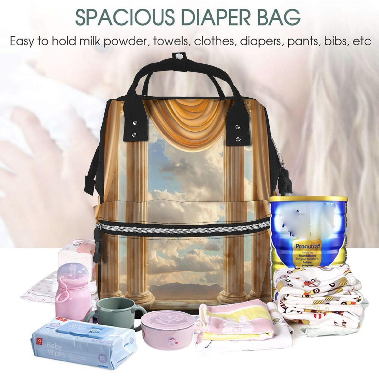 Fuzoiu Golden Drapes Pillars Clouds Print Diaper Bag Backpack,Baby Essentials Travel Tote,Multi function Waterproof Diaper Bag, Travel Essentials Baby Bag - Unisex