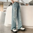 thumbnail image 6 of KAUOD Girls Wide Leg Jeans Cute Heart Print Baggy High Elastic Waist Denim Pants Drawstring Kids Skater Hip Hop Streetwear, 6 of 9
