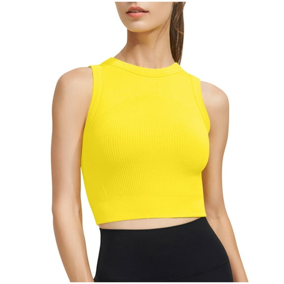 Bigersell Sports Bras for Women Sleeveless Ribbed Cropped Tank Tops with Built in Bras Yoga Sports Bra Workout Crop Tops Wireless Bralette Comfort Soft Padded Athletic Tops Running Bra Yellow M
