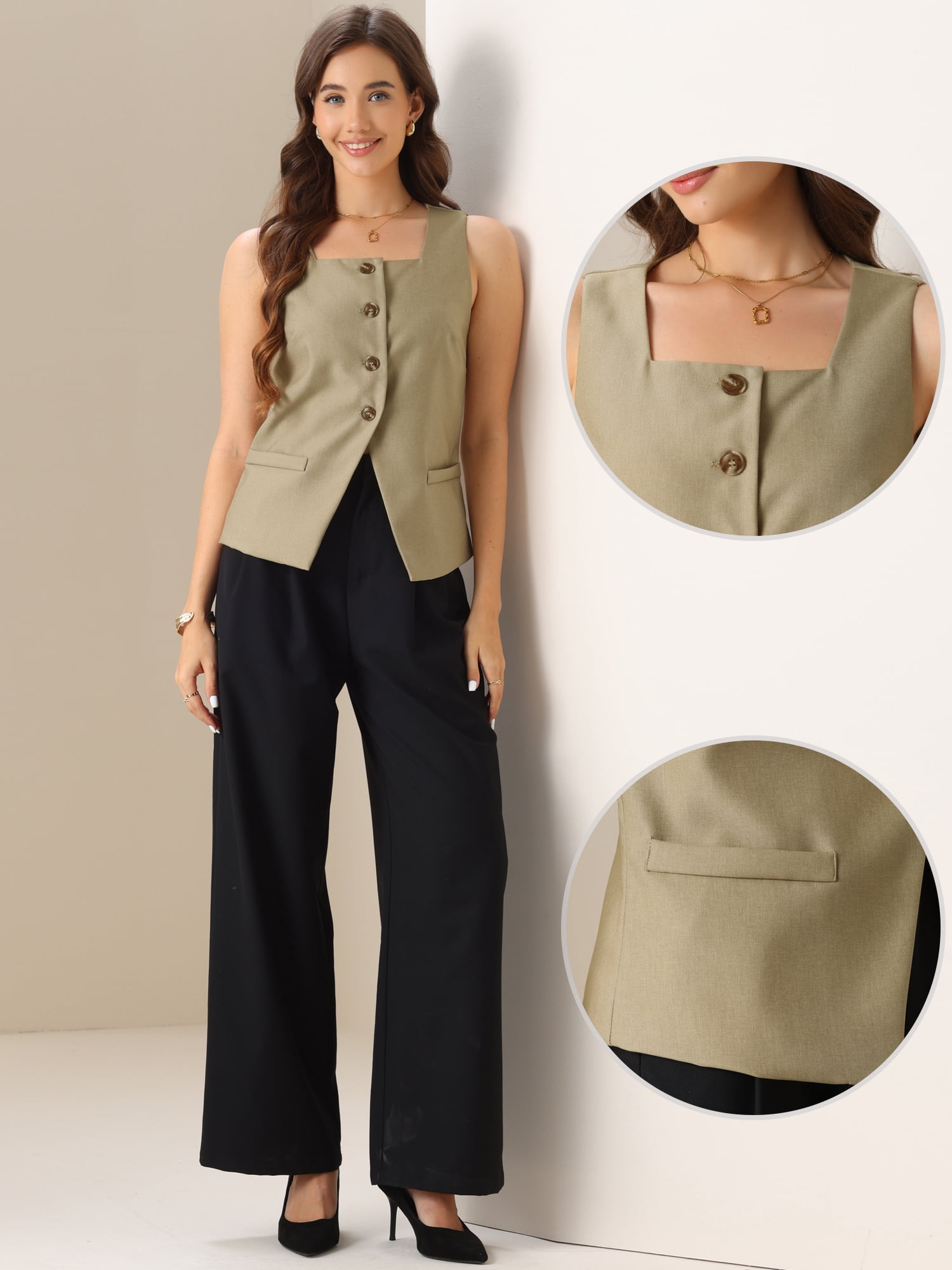 DARING DIVA Women's Trendy Button Down Sleeveless Suit S Khaki