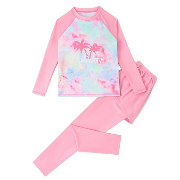 Fesfesfes Girls Long Sleeve Swimsuit Two Piece Rashguard Letter Print Swimwear 4-8 Years Kids Girls Fashion Sunscreen Seaside Surfing Swimsuit Set(Pink#1,10 Years)