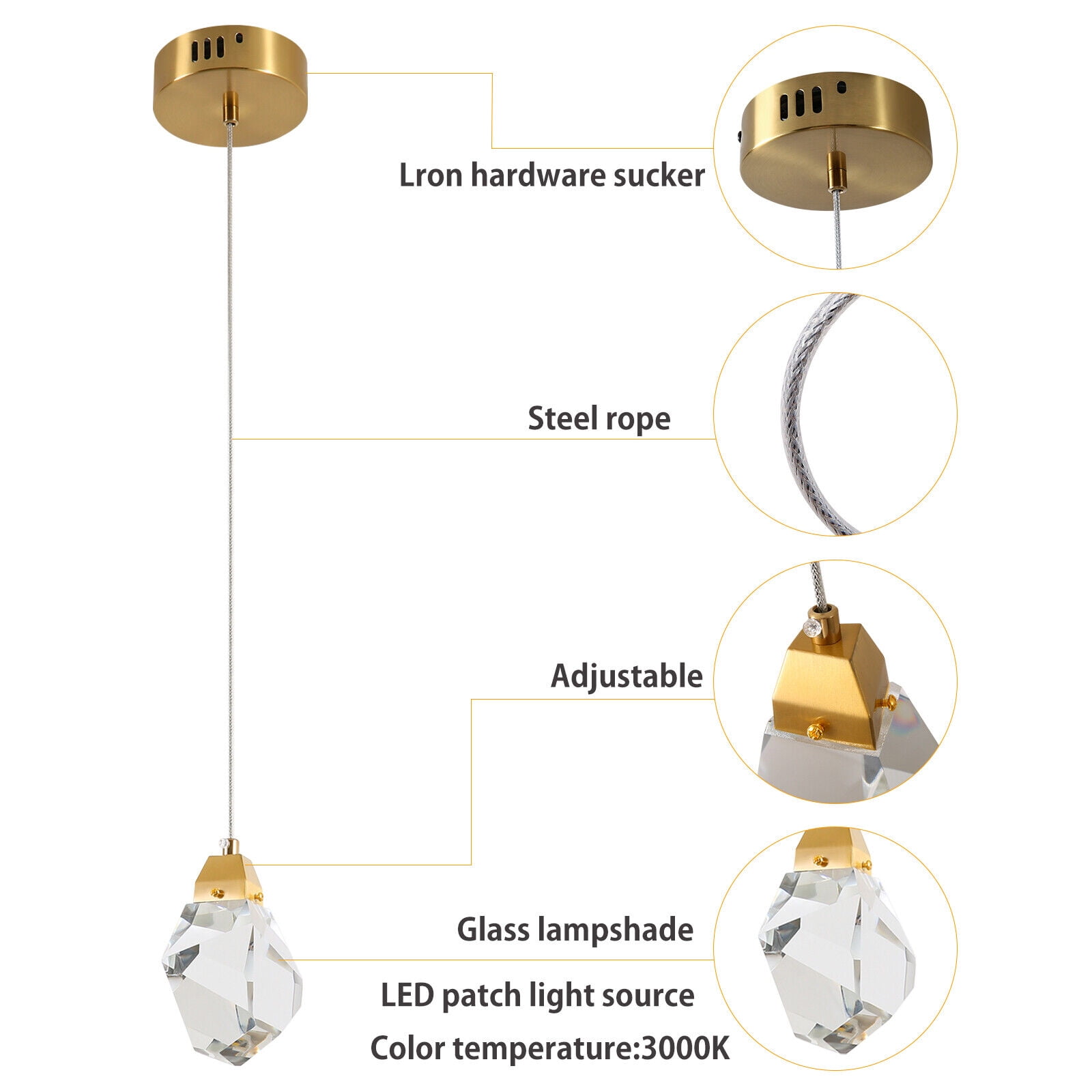 Diamond Pendant Light Fixtures, 1-Light Hanging Pendant Lights, Modern Mini Prism Crystal Chandeliers, 5W LED Cut Crystal Pendant Lighting for Kitchen Island Dining Room