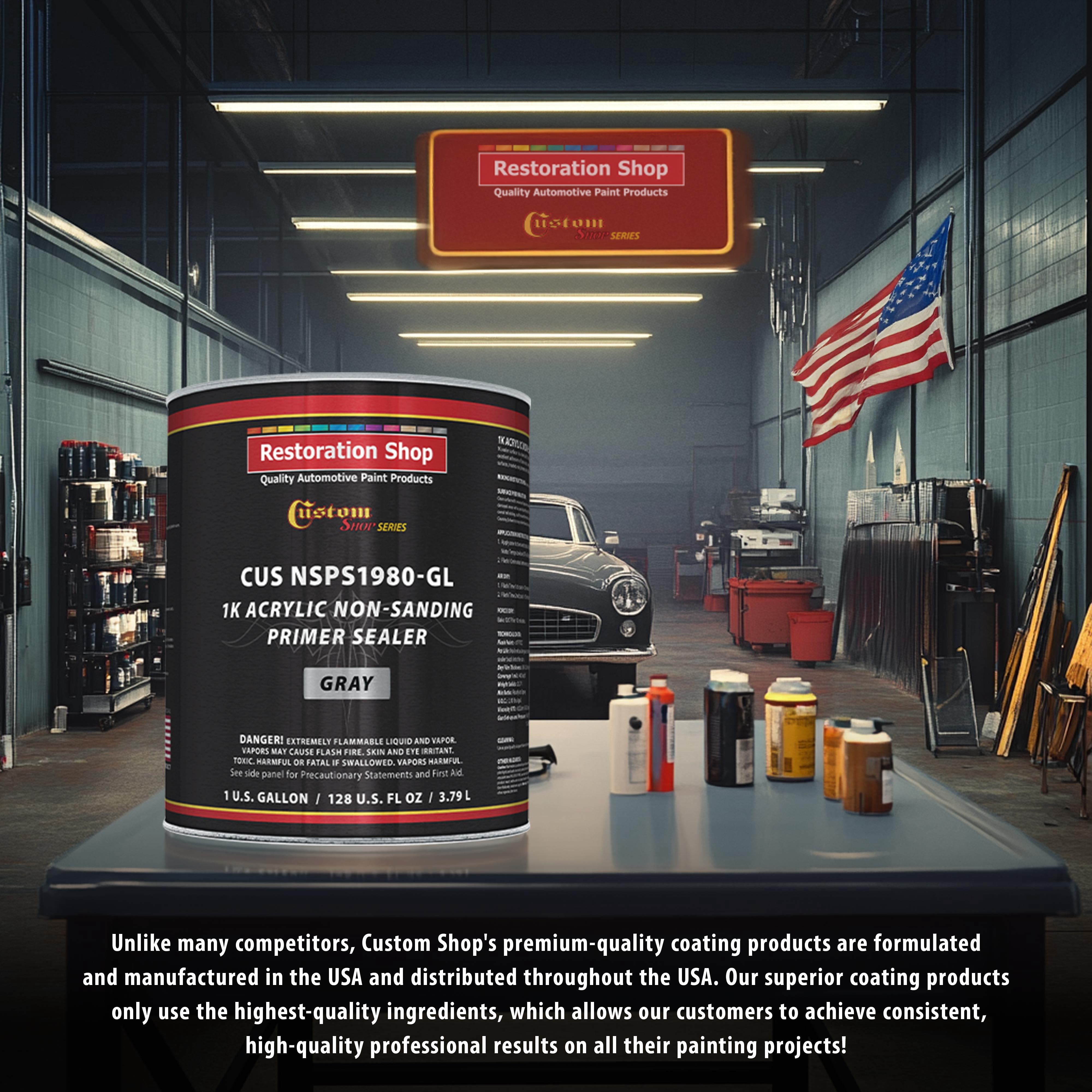 Custom Shop Premium 1K Acrylic Non-Sanding Primer Sealer Paint, Color Gray, 1 Gallon - Fast Drying, Ready-To-Spray, Apply Over Automotive Primer Surfacers, Sanded Finishes - Topcoat Urethane, Enamel