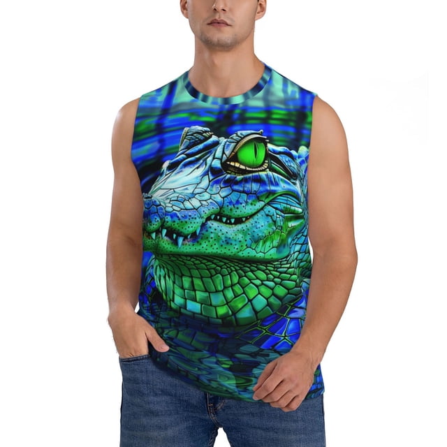 Fotbe Colorful Stained Glass Crocodile Men's Camiseta sin Mangas Estampada para Hombres, Playera Casual para Gimnasio, Entrenamiento, Playa-X-Large