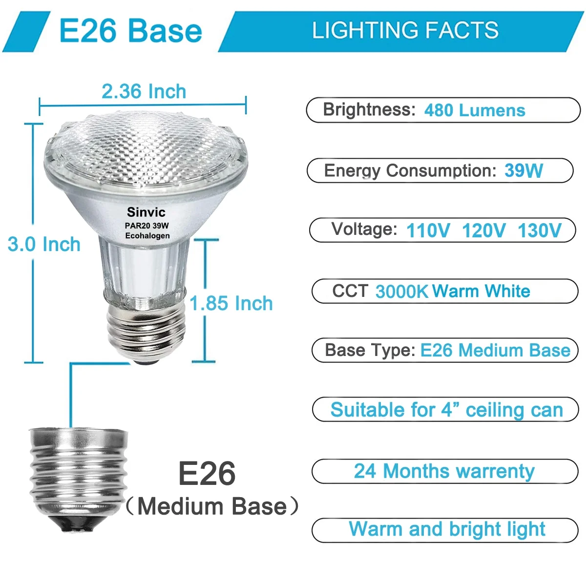 9PCS Par20 Halogen 39W 120V Dimmable, Long Lifespan E26 Par20 Light Bulb with 3000K Warm White for Indoor/Outdoor