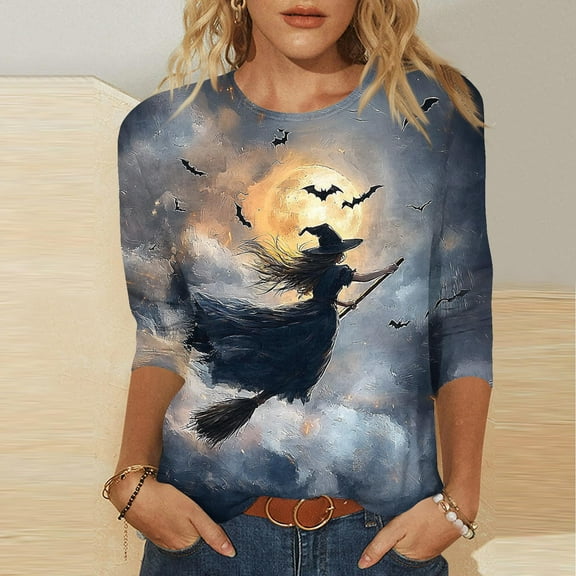 VKOYWKM Halloween T Shirts Women 3/4 Sleeve Halloween Witch Graphic T Shirts Fall Crew Neck Party Tops Loose Fit Tunic Blouse