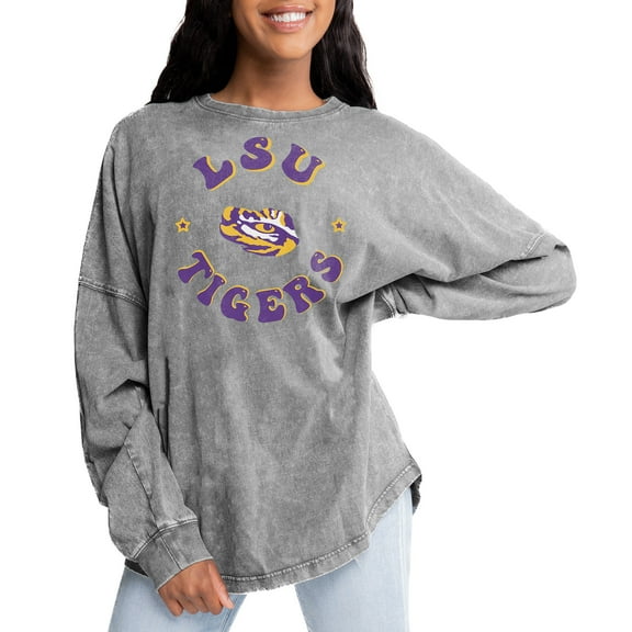 Women's Gameday Couture Gray LSU Tigers Playing Around Faded Wash Oversized Long Sleeve T-Shirt