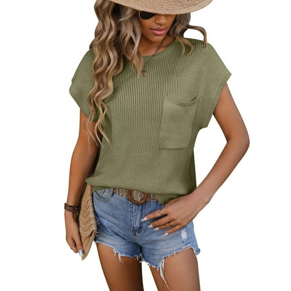 Short Sleeve Sweater for Women Casual Sweater Vest Cotton Knit Pullover Tank Tops Spring Summer Outfits green S