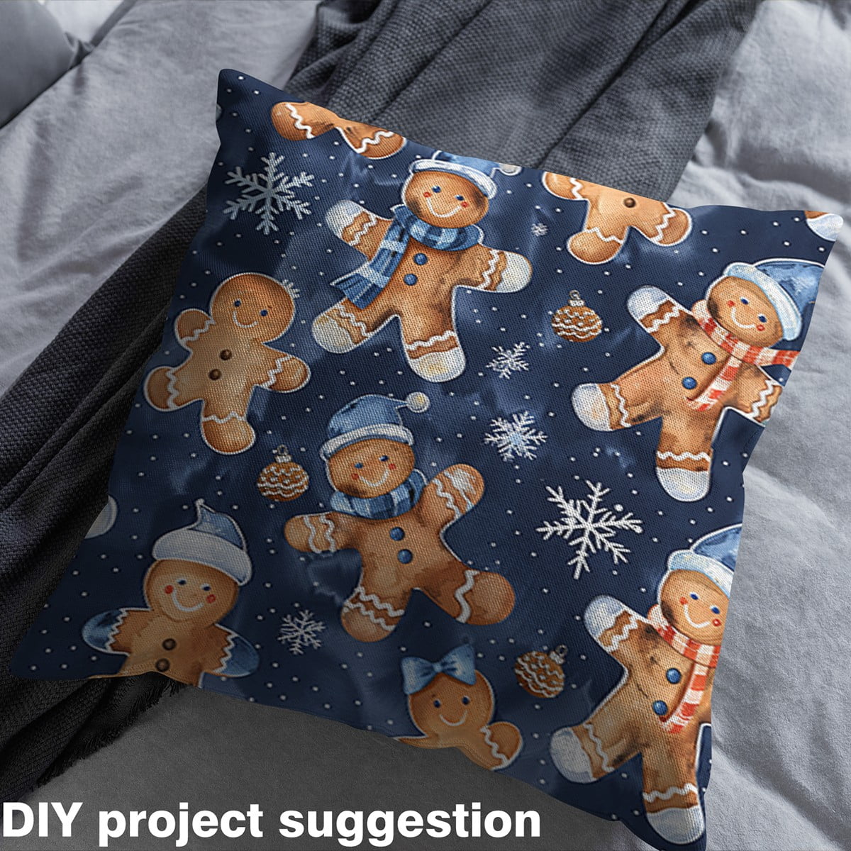 Homewish Winter Gingerbread Man Fabric by the Yard 2 Yards, Blue Christmas Snowflake Sewing Fabric, Western Festival Fabric for Sewing, Microfiber Bedroom Decor