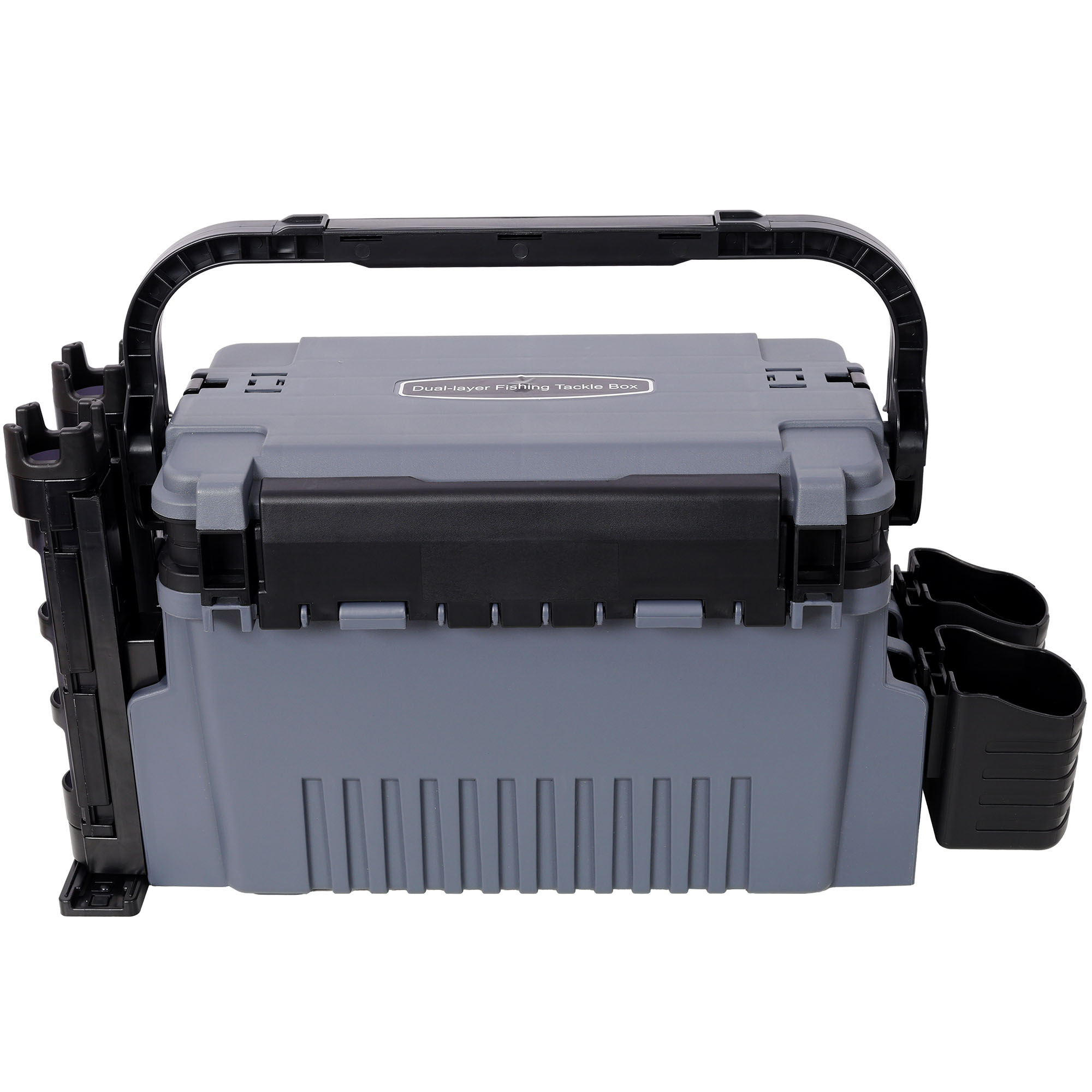 Dual-layer Fishing Tackle Box,Tackle Box Organizer Fishing Box Large,With 2pcs Rod Holder,2pcs Cup Holder,1pc Carring Strap, Gray