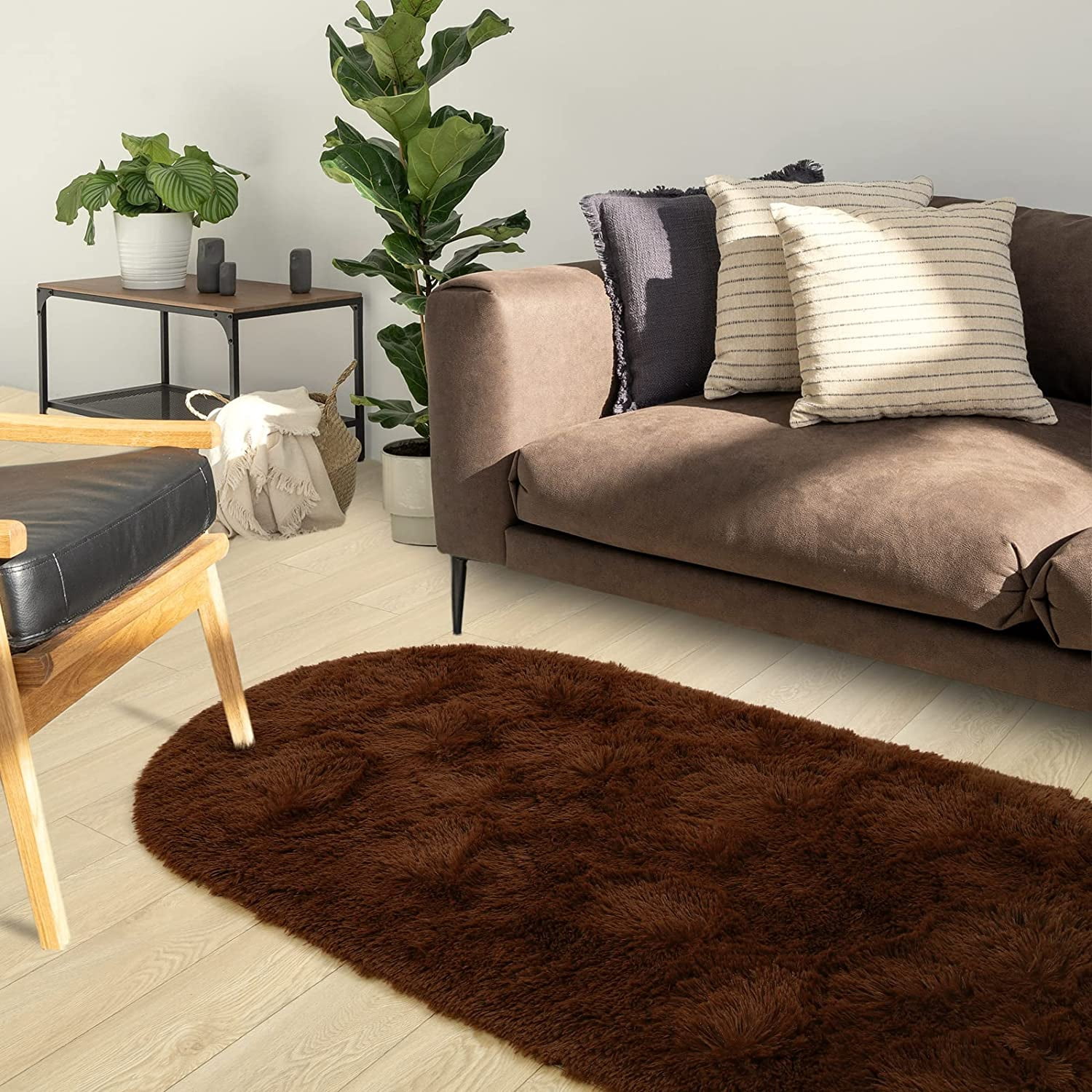 Lochas Soft Oval Rugs Fluffy Plush Modern Area Rug Shaggy Furry Carpet for Living Room Home Decor Play Mat,2.6'x5.3',Coffee