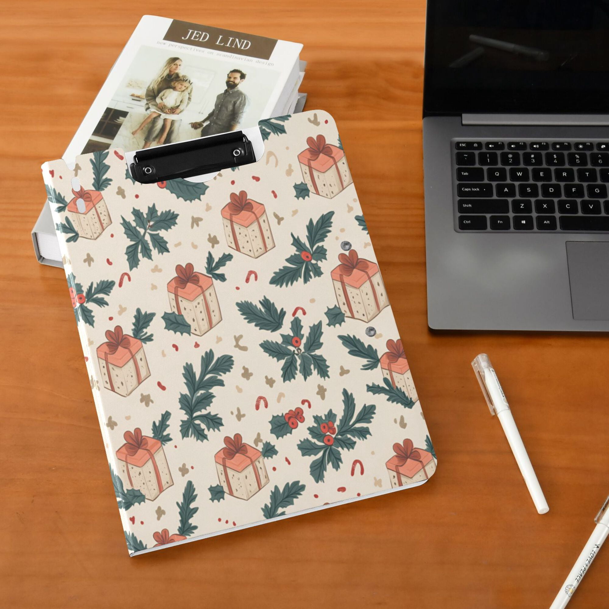 FORMRS A4 Clipboard Folder with Pen Holder Horizontal Foldable School Office Binder, Orange Christmas Gift Pattern