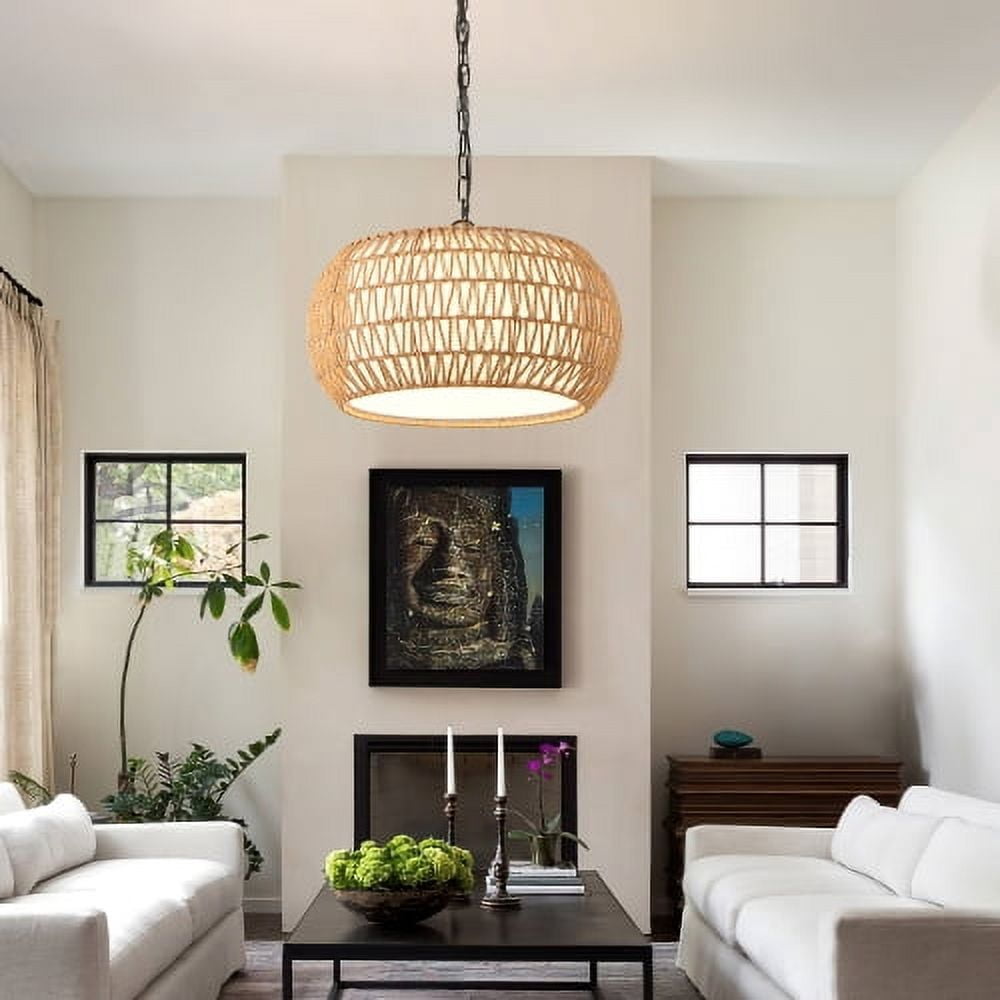 ACE-LIGHTS,Height Adjustable Farmhouse Pendant Light(Bulb Not Included),Boho Woven Jute Rope Hanging Ceiling Light Fixture for Living Room,Dining Room,Bedroom,Kitchen,Entryway(Wood)