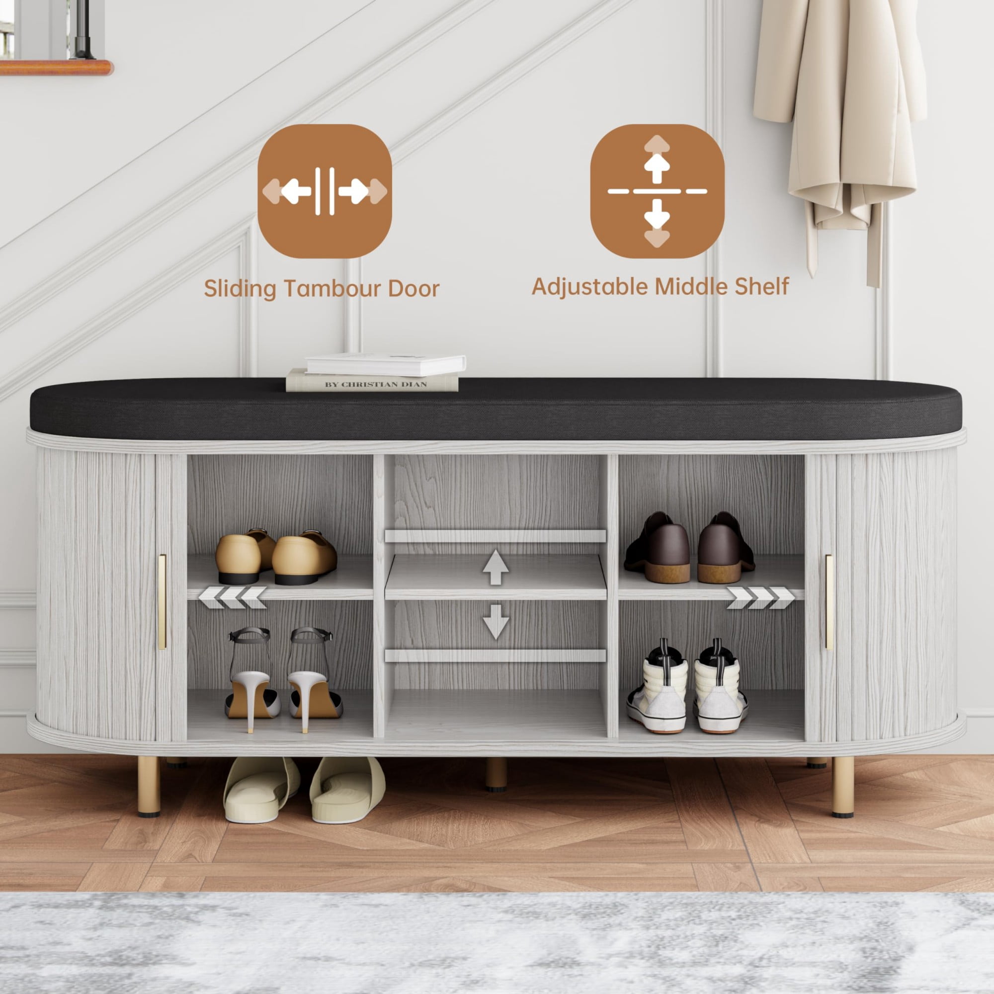 2-Tier Storage Bench with Cushion, 43“ Wide Shoe Bench with Fluted Sliding Door & Adjustable Shelf, Entryway Shoe Rack, White