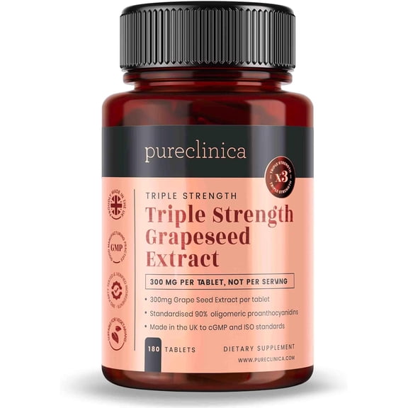 pureclinica Grape Seed Extract 300mg – 90% OPC Standardized – Antioxidant Botanical Supplement, Non-GMO – 180 Tablets (3-Month Supply)