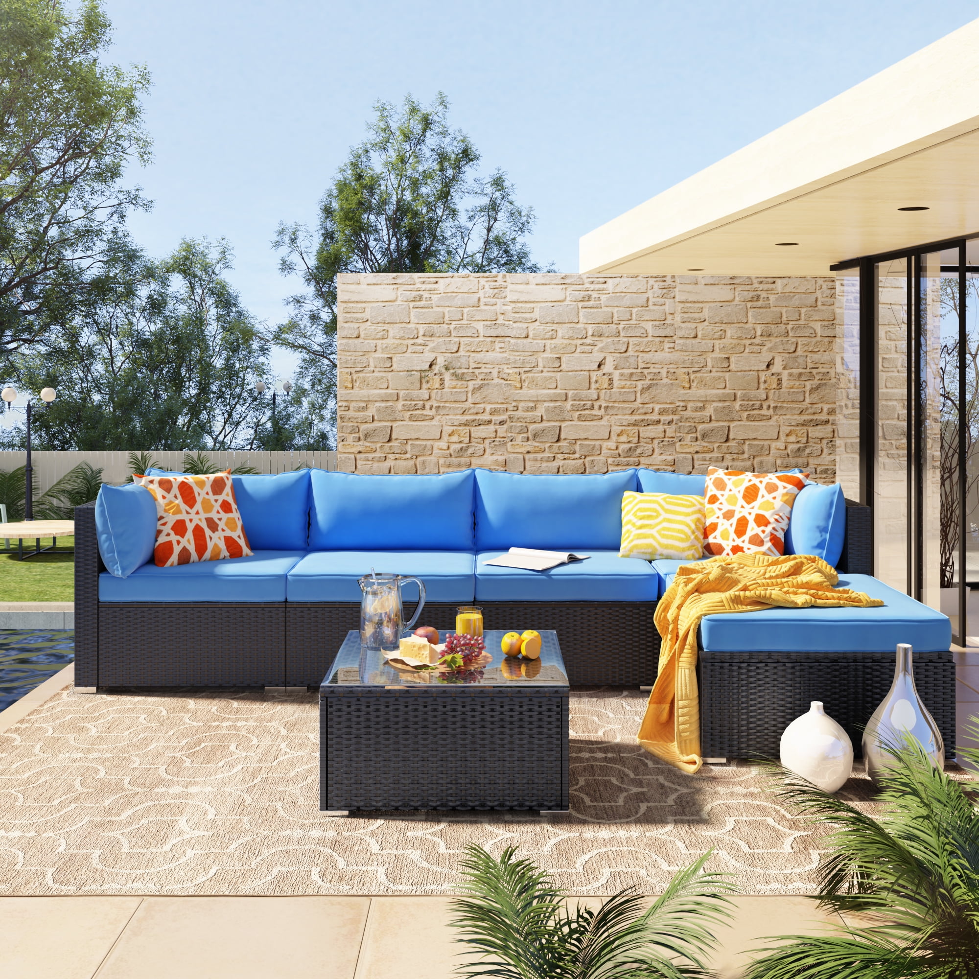 Red Outdoor All-Weather PE Rattan Wicker Lawn Conversation Sets Vitesse 7 Pieces Patio Furniture Sectional Sets Garden Sofa Set with Coffee Table and Washable Couch Cushions 