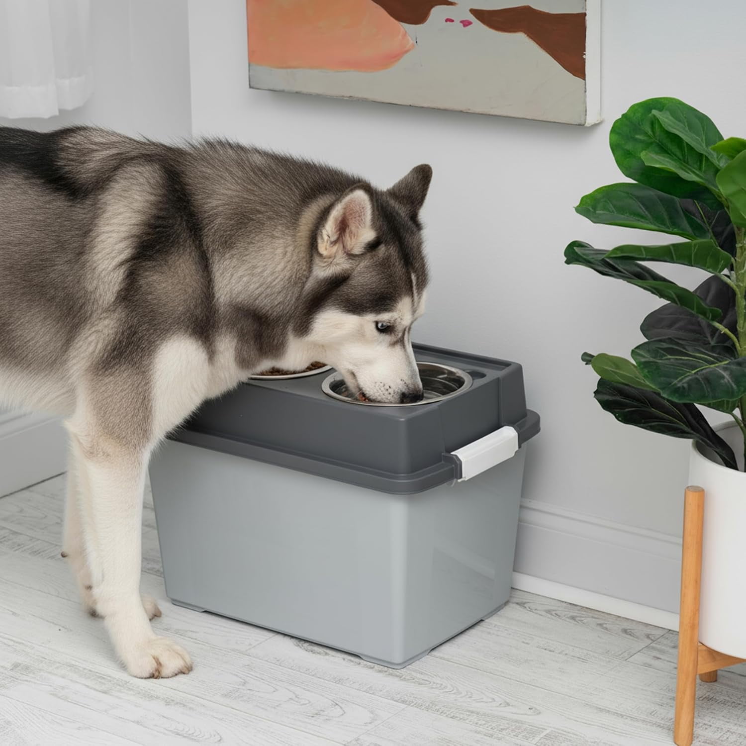 IRIS Elevated Dog Bowls, Airtight Pet Food Storage 47lbs, Dark Gray