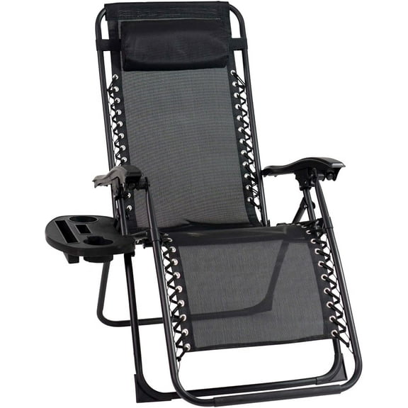Oversized Patio Chair with Leg Stabilizers and Big Cupholder, Adjustable Folding Reclining Outdoor Chair with Pillow