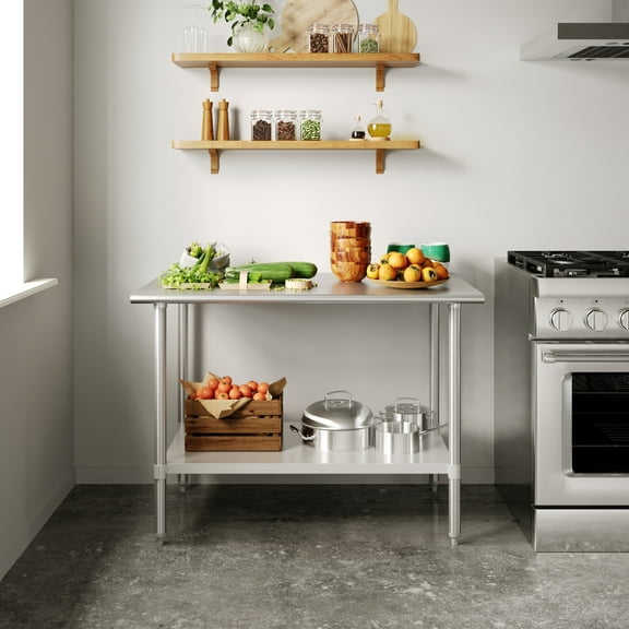 Flash Furniture 30x48 Portable Prep and Work Table with NSF Certified 18 Gauge Stainless Steel Top Shelf and Adjustable Galvanized Steel Undershelf