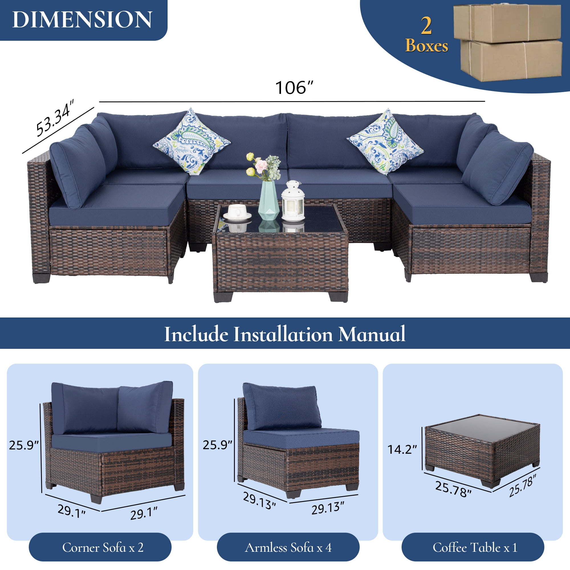 FHFO 14-Piece Patio Furniture Set, Wicker Outdoor Conversation Sectional Sofa with 2 Coffee Tables, for Backyard, Poolside & Garden, Brown&Blue