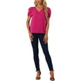 thumbnail image 2 of INSPIRE CHIC Women's Satin Blouse V Neck Short Puff Sleeve Casual Tops L Hot Pink, 2 of 6