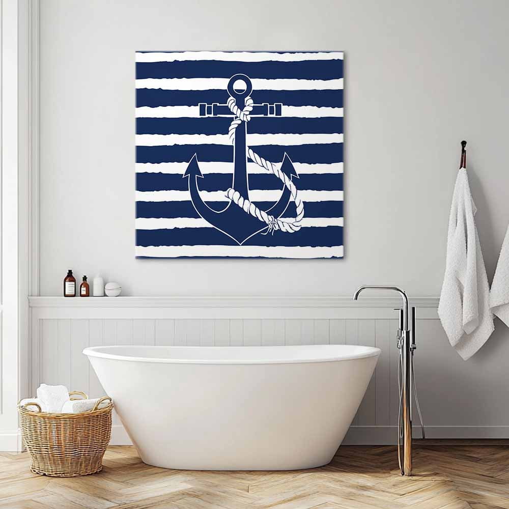Nautical Canvas Wall Art, Navy Blue and White Striped Retro Anchor Framed Wall Decor Modern Artwork Prints Painting for Living Room, Bedroom, Kitchen & Cafe Decor 12x12 Inch