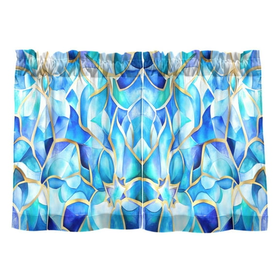 Blue Glass Pattern Kitchen Curtains Tier Set 27x24 Inch 2 Panels Semi Sheer Light Filtering Privacy UV Protection