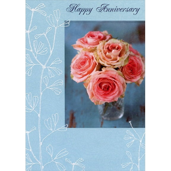 Designer Greetings Red Roses, White Flowers on Light Blue Wedding Anniversary Congratulations Card for Couple