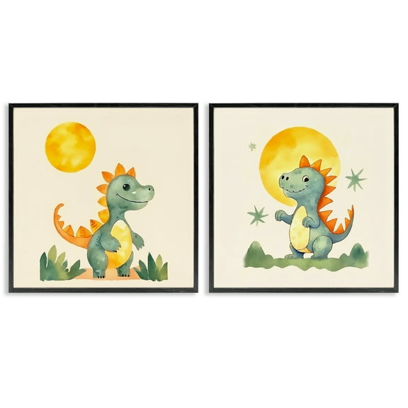 Stupell Industries Happy Dinos & Moon Animals Painting Black Framed Art Print Wall Art, 12 x 12, Set of 2