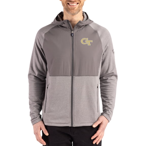 Men's Cutter & Buck Heather Gray Georgia Tech Yellow Jackets Peshastin Eco Fleece Recycled Raglan Full-Zip Tri-Blend