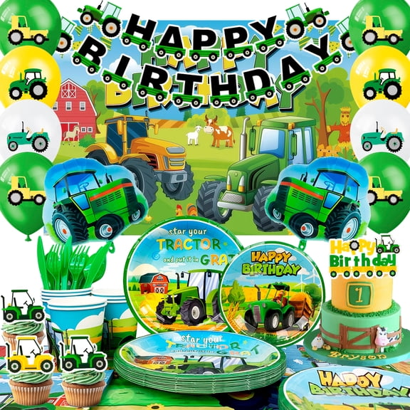 158pcs Tractor Birthday Decorations, Tractor Party Decorations Tableware Set Includes Tractor Plates Tablecloth Backdrop Balloons Cake Toppers etc Tractor Birthday Party Supplies