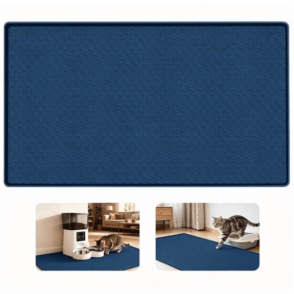 Bartuke Cat Food Mat 51"x25.6", Extra Large Silicone Pet Bowl Mat, Non-Slip Raised Edge Easy Clean, Navy Blue