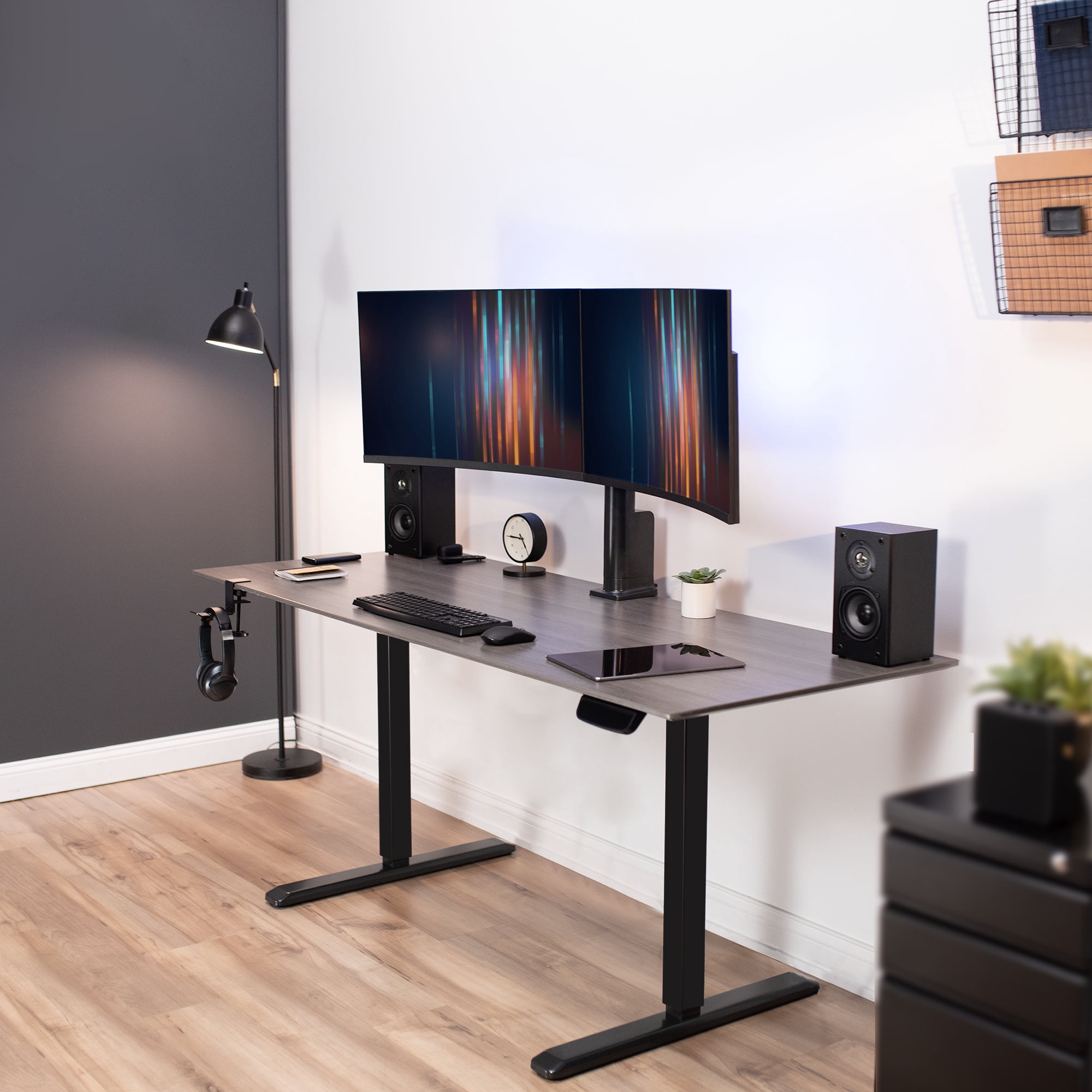 VIVO Single Motor Stand Up Desk Frame with Electric Dual Monitor Mount